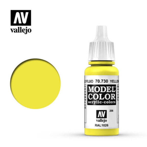acrylicos vallejo 206 Amarillo fluo-Yellow fluo 70.730 17ml Pintura fluorescente, para lograr los mejores resultados se debe aplicar sobre una imprimación blanca.
