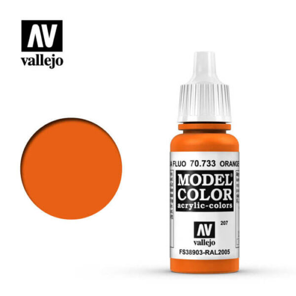 acrylicos vallejo 207 Naranja fluo-Orange fluo 70.733 17ml Pintura fluorescente, para lograr los mejores resultados se debe aplicar sobre una imprimación blanca.