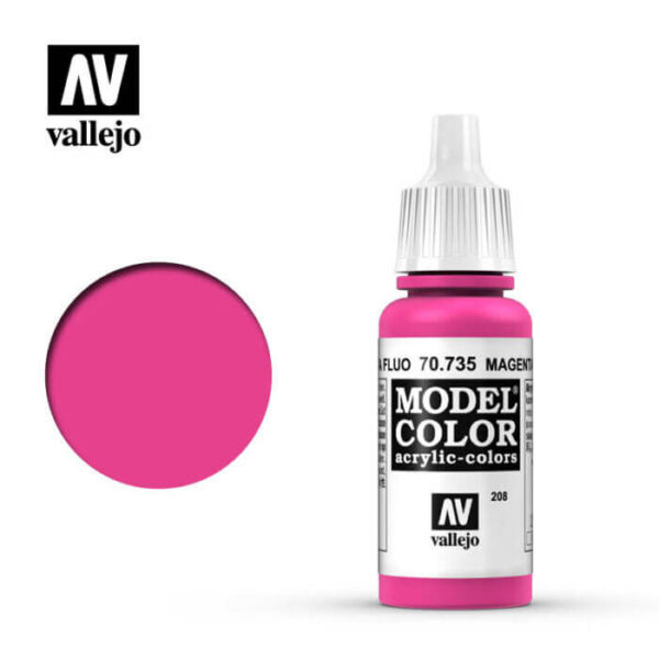 acrylicos vallejo 208 Magenta fluo-Magenta fluo 70.735 17ml Pintura fluorescente, para lograr los mejores resultados se debe aplicar sobre una imprimación blanca.