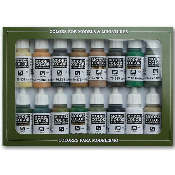 acrylicos vallejo Colores WWII Aliados Estuche de 16 colores Model Color para pintar maquetas, miniaturas y dioramas. Contiene botellas de 17 ml./0.57 fl.oz. (con cuentagotas) y una carta de colores.