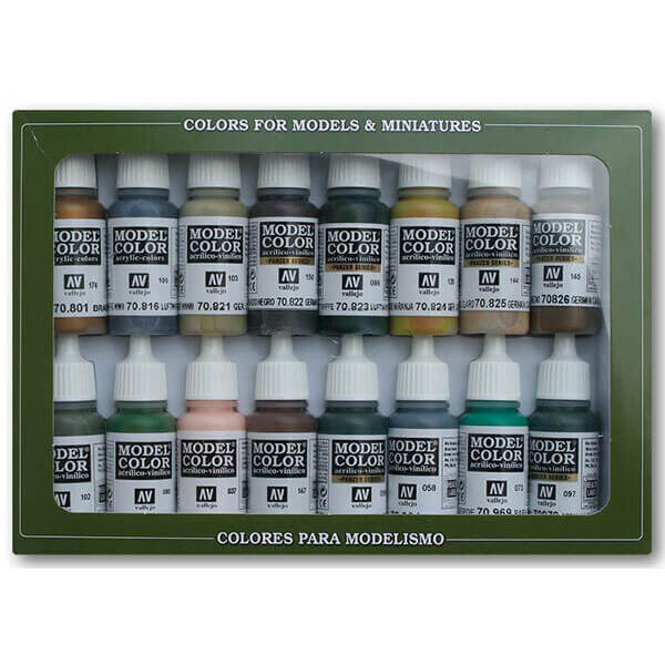 acrylicos vallejo Colores WWII WWII Camuflaje Alemán 70.114 Estuche de 16 colores Model Color para pintar maquetas, miniaturas y dioramas. Contiene botellas de 17 ml./0.57 fl.oz. (con cuentagotas) y una carta de colores.