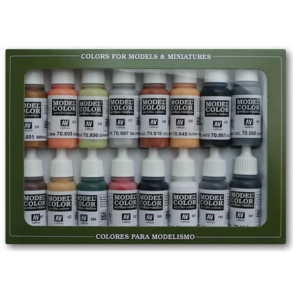 acrylicos vallejo Colores WWII Alemanes Estuche de 16 colores Model Color para pintar maquetas, miniaturas y dioramas. Contiene botellas de 17 ml./0.57 fl.oz. (con cuentagotas) y una carta de colores.
