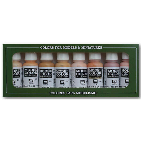 acrylicos vallejo Estuche 8 Colores Piel y Cara Estuche de 8 colores Model Color para pintar maquetas, miniaturas y dioramas. Contiene botellas de 17 ml./0.57 fl.oz. (con cuentagotas) y una carta de colores
