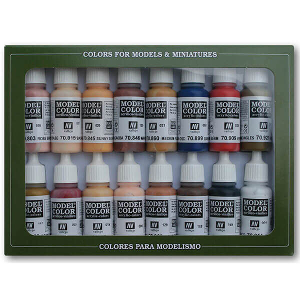 acrylicos vallejo Estuche 16 Colores Piel y Cara Estuche de 16 colores Model Color para pintar maquetas, miniaturas y dioramas. Contiene botellas de 17 ml./0.57 fl.oz. (con cuentagotas) y una carta de colores.