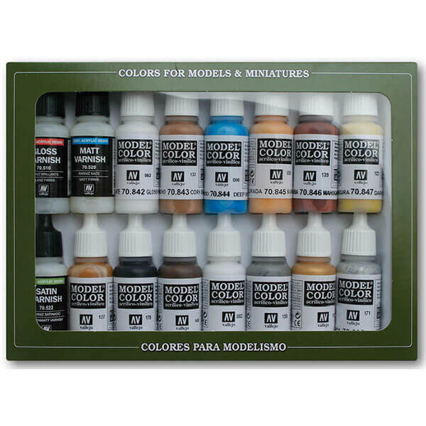 acrylicos vallejo Folkstone Specialist Estuche de 16 colores Model Color para pintar maquetas, miniaturas y dioramas. Contiene botellas de 17 ml./0.57 fl.oz. (con cuentagotas) y una carta de colores.
