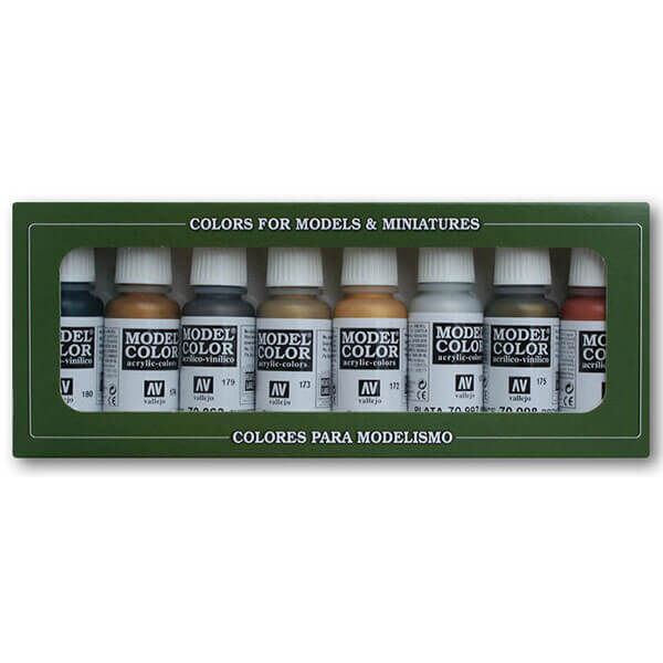 acrylicos vallejo 70.1148 Colores Metálicos Estuche de 8 colores Model Color para pintar maquetas, miniaturas y dioramas. Contiene 8 botellas de 17 ml./0.57 fl.oz. (con cuentagotas) y una carta de colores.