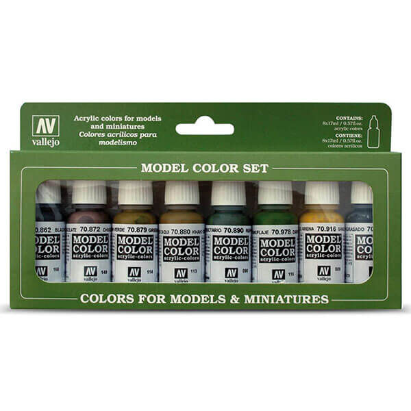 acrylicos vallejo Colores Panzer 70.108 Estuche de 8 colores Model Color para pintar maquetas, miniaturas y dioramas. Contiene botellas de 17 ml./0.57 fl.oz. (con cuentagotas) y una carta de colores.