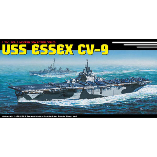 dragon 7049 USS Essex CV-9 1/700 Kit en plástico para montar y pintar. Incluye piezas en fotograbado. Permite la opción de exponerlo con el casco completo o por la linea de flotación.