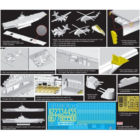 dragon 7079 USS Princeton CVS-37 1/700 Kit en plástico para montar y pintar. Incluye piezas en fotograbado. Permite la opción de exponerlo con el casco completo o por la linea de flotación.