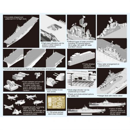 dragon 7085 USS Hornet CV-12 1945 1/700 Kit en plástico para montar y pintar. Incluye piezas en fotograbado. Permite la opción de exponerlo con el casco completo o por la linea de flotación.