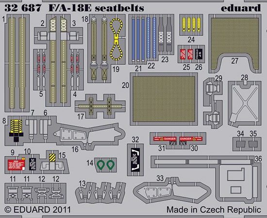 F/A-18E Hornet Seatbelts 1/32 Cinturones de seguridad en fotograbado coloreado para el caza F/A-18E Hornet.