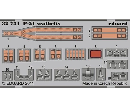 eduard 32731 P-51 Mustang Seatbelts 1/32 Cinturones de seguridad en fotograbado coloreado para el caza P-51 Mustang.