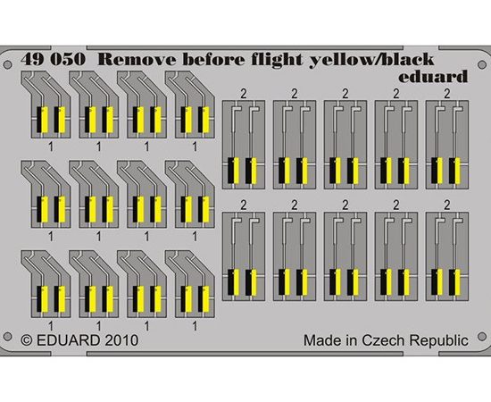 eduard 49050 Remove Before Flight yellow/black 1/48 Piezas en fotograbado impreso a color de los letreros Remove Before Flight de la Fuerza Aérea.