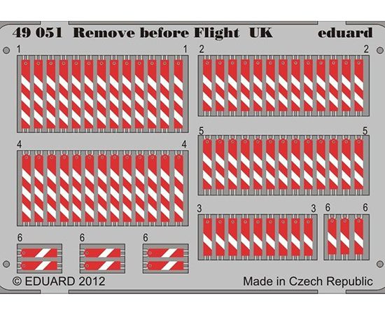 eduard 49051 Remove Before Flight UK 1/48 Piezas en fotograbado impreso a color de los letreros Remove Before Flight de la Fuerza Aérea Británica.