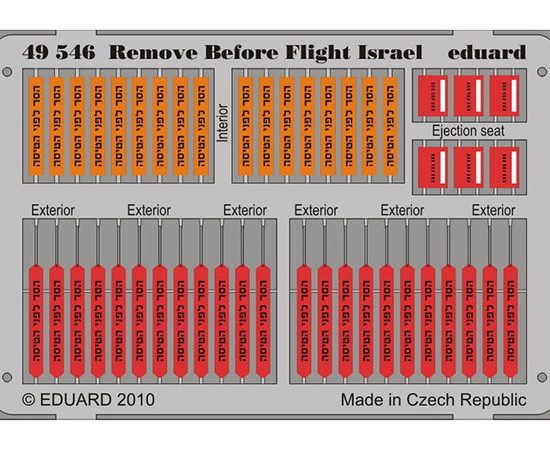 eduard 49546 Remove Before Flight Israel 1/48 Piezas en fotograbado impreso a color de los letreros Remove Before Flight del ejército Israelí.
