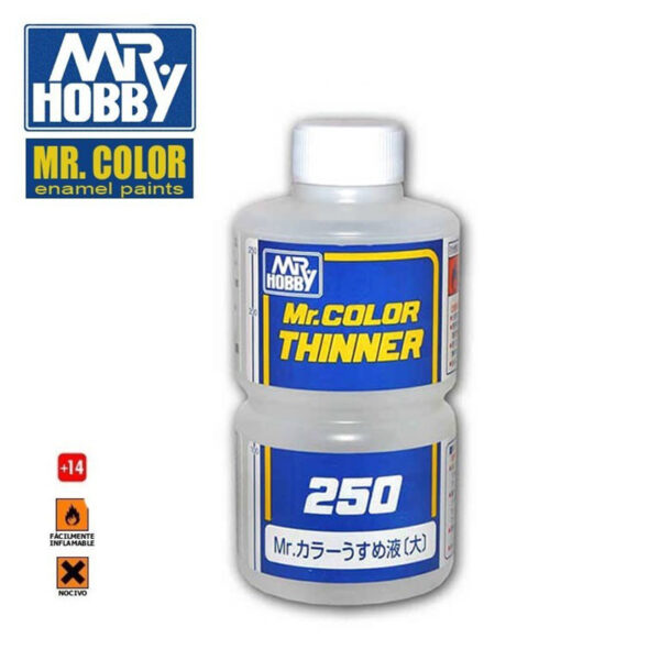 T103 Mr Color Thinner 400ml Disolvente específico para la gama de esmaltes MR.COLOR. Mejora la adherencia de las pinturas a las superficies. Ayuda al secado mas rápido de las pinturas. Es compatible con la gama Mr.Aqueous Hobby Color.