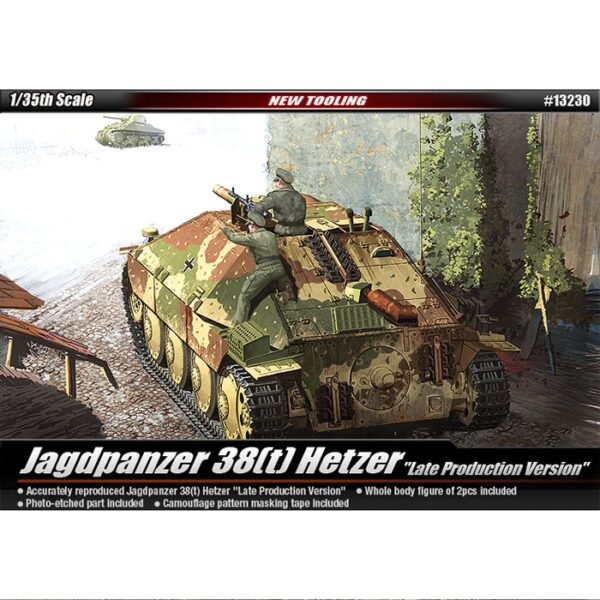 ACADEMY 13230 Jagdpanzer 38(t) Hetzer Late version Kit en plástico para montar y pintar. Incluye cadenas por tramo y eslabón, rejilla en fotograbado, mascarilla adhesiva para pintar el camuflaje y dos figuras.