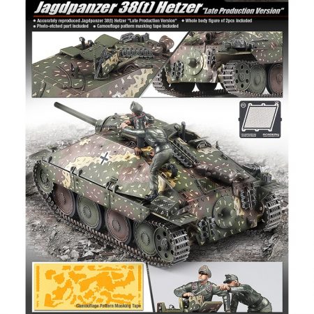 ACADEMY 13230 Jagdpanzer 38(t) Hetzer Late version Kit en plástico para montar y pintar. Incluye cadenas por tramo y eslabón, rejilla en fotograbado, mascarilla adhesiva para pintar el camuflaje y dos figuras.