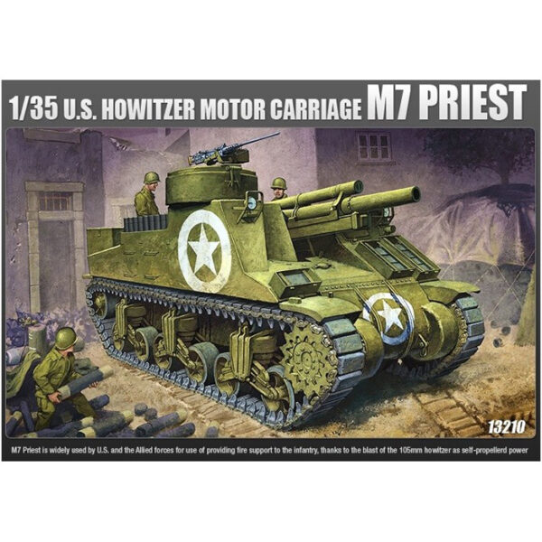 academy 13210 M7 Priest Howitzer Motor Carriage Kit en plástico para montar y pintar. Incluye interior detallado y tren de rodaje inicial.