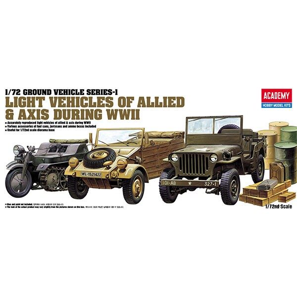 academy 13416 WWII Ground Vehicle Set Kit en plástico para montar y pintar. Incluye 1 Jeep, 1 Kubelwagen, 1 Kettenkraftd y accesorios (cajas, bidones, latas).