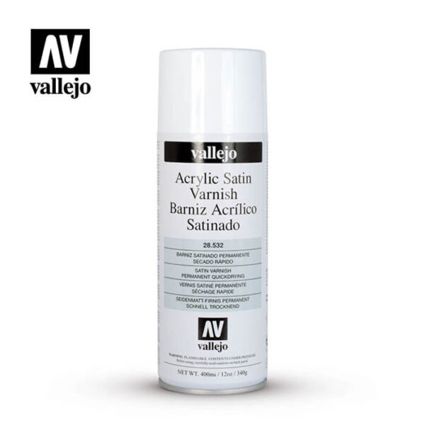 AV 28532 Acrylicos Vallejo Barniz Acrilico Satinado-Satin 400ml Barniz acrílico en aerosol muy útil para proteger los trabajos rápidamente.