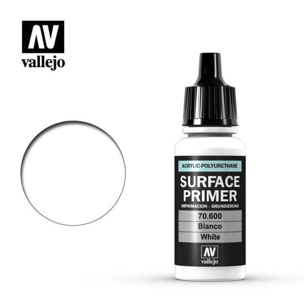 acrylicos vallejo AV 70600 Blanco White 17ml Imprimación a base agua y poliuretano.Tiene un acabado mate autonivelante de extraordinaria dureza y resistencia.