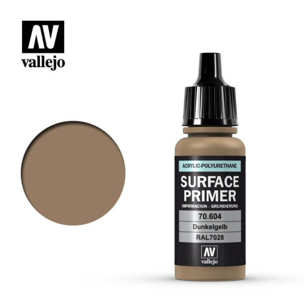 acrylicos vallejo AV 70604 German Dark Yellow RAL7028 17ml Imprimación a base agua y poliuretano.Tiene un acabado mate autonivelante de extraordinaria dureza y resistencia.