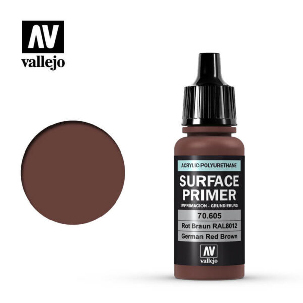 acrylicos vallejo AV 70605 German Red Brown RAL8012 17ml Imprimación a base agua y poliuretano.Tiene un acabado mate autonivelante de extraordinaria dureza y resistencia.