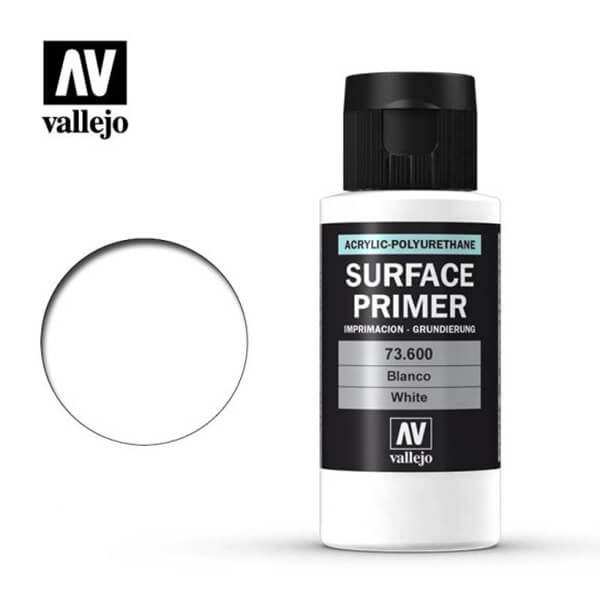 acrylicos vallejo AV 73600 Imprimación Blanco White Primer 60ml Imprimación a base agua y poliuretano.Tiene un acabado mate autonivelante de extraordinaria dureza y resistencia.