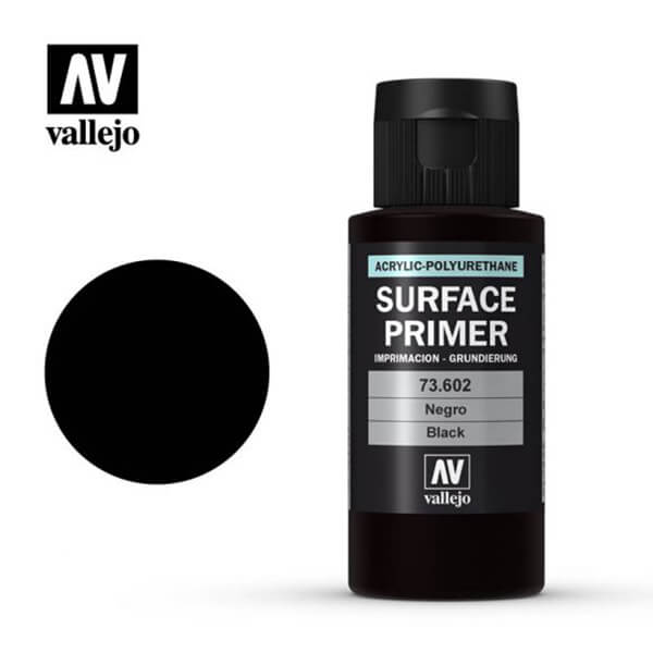 acrylicos vallejo AV 73602 Imprimación Negra Black Primer 60ml Imprimación a base agua y poliuretano.Tiene un acabado mate autonivelante