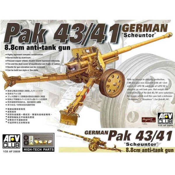 afv club 35059 Pak43/41 8.8cm Anti-tank Gun Scheuntor Kit en plástico para montar y pintar. Incluye el tubo del cañón torneado en aluminio y el escudo del cañón en latón preformado.