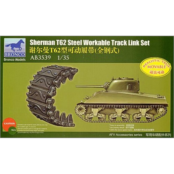 bronco model ab3539 Sherman T62 Steel Workable track link set Cadenas articuladas en plástico inyectado, permanecen articuladas. Incluye cadenas de repuesto. Escala 1/35