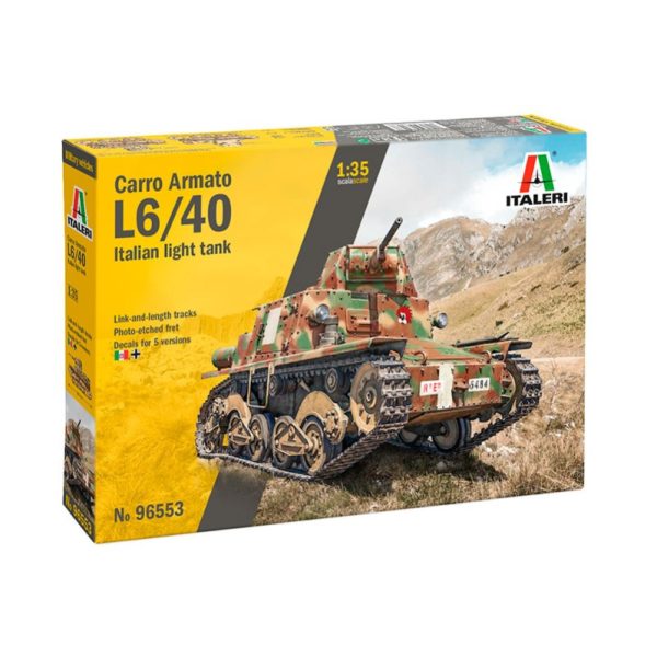 Carro Armato L6/40 Kit en plástico para montar y pintar. Incluye fotograbados y cadenas por tramo y eslabón. Hoja de calcas con 5 decoraciones Italia y Alemania Escala 1/35