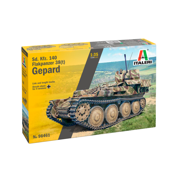 italeri 96461 Sd.Kfz.140 Gepard Flakpanzer 38t Kit en plástico para montar y pintar. Cadenas por tramo y eslabón. Hoja de calcas con 4 decoraciones. Longitud 131mm Escala 1/35 Pintura y pegamento no incluidos.