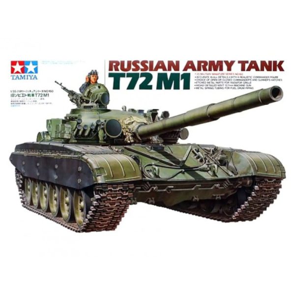 Tamiya 35160 T-72M1 Russian Army Tank 1/35 Kit en plástico para montar y pintar. Incluye una figura. Hoja de calcas con 4 decoracoones: Russia, Checoslovaquia, R.D.A y desierto. Longitud 289mm