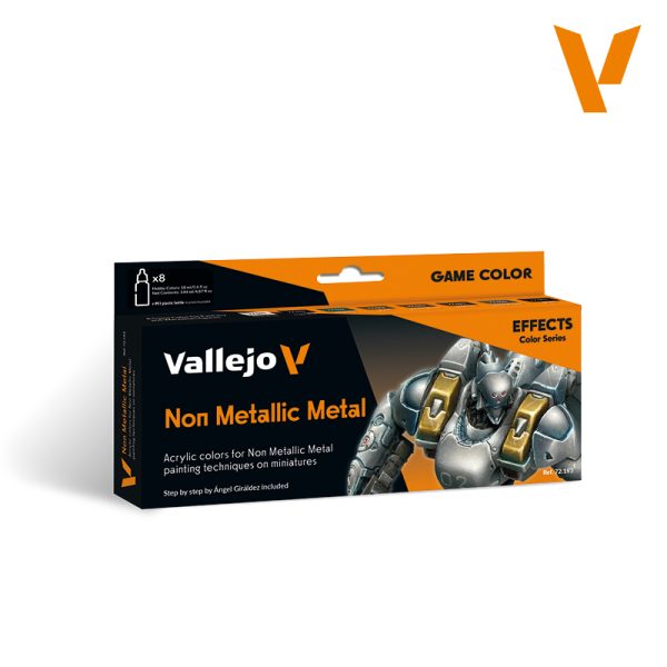 vallejo Non Metallic Metal Set Set de 8 pinturas acrílicas de la gama Game Color para representar metales sin utilizar colores metálicos. Incluye una guía paso a paso.