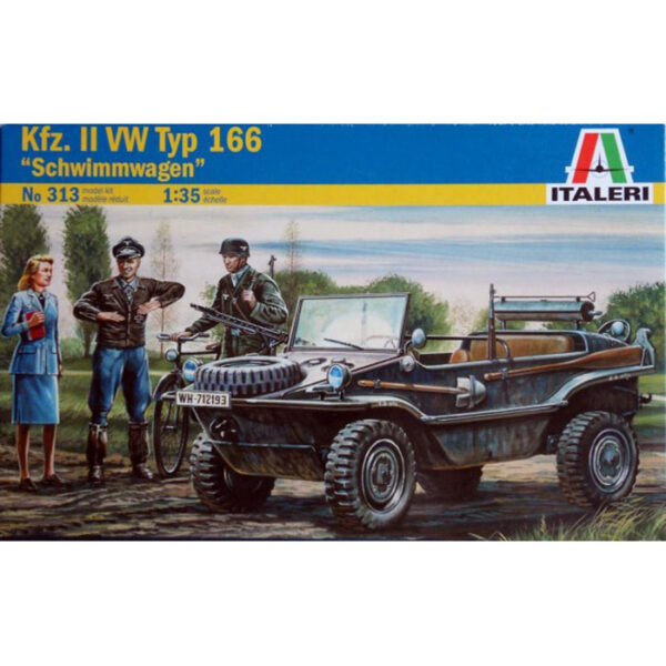 italeri 0313 VW Typ 166 Kfz.II Schwimmwagen Kit en plástico para montar y pintar. Incluye 3 figuras y 1 bicicleta.