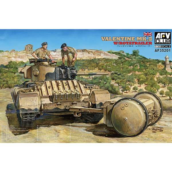 afv 35201 Valentine Mk.III w/ Rotatrailer El Valentine fue un tanque medio británico de apoyo a la infantería duramte la SGM, siendo el tanque británico más producido +8000 en 11 variantes. El Rotatrailer fue un invento británico para dotar as las unidades blindadas de suministros adicionales de combustible y munición por medio de un remolque de dos ruedas.