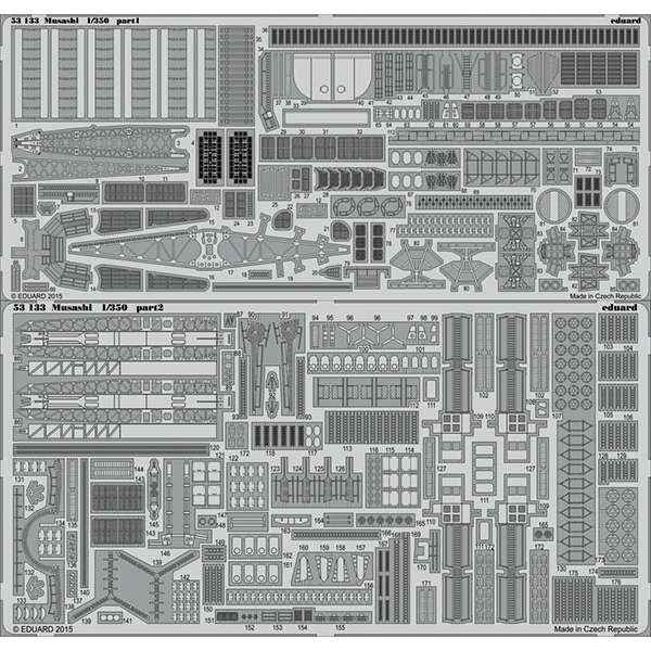 eduard 53133 IJN Musashi 1/350 Juego de fotograbados de Eduard para la maqueta del IJN Musashi de Tamiya. Dedicado a las cubiertas, grúas y accesorios.