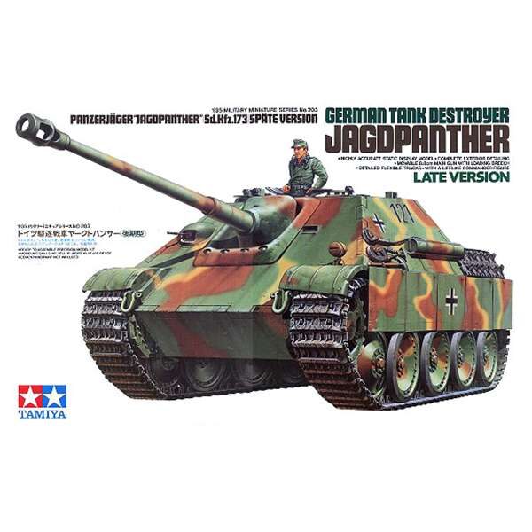 tamiya 35203 Sd.Kfz.173 Jagdpanther Late Version Kit en plástico para montar y pintar. Incluye una figura de tripulante de carro alemán.