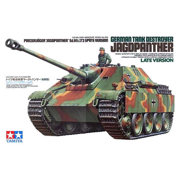 tamiya 35203 Sd.Kfz.173 Jagdpanther Late Version Kit en plástico para montar y pintar. Incluye una figura de tripulante de carro alemán.
