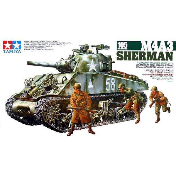 tamiya 35251 M4A3 Sherman 105mm Howitzer Kit en plástico para montar y pintar. Incluye tres figuras de infantería americana.