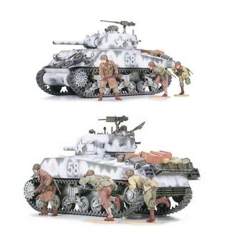 tamiya 35251 M4A3 Sherman 105mm Howitzer Kit en plástico para montar y pintar. Incluye tres figuras de infantería americana.