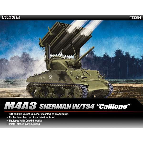 academy 13294 M4A3 Sherman w/T34 Calliope Tanque americano M4A3 con un montaje de lanzador múltiple de cohetes T34. Kit en plástico para montar y pintar.