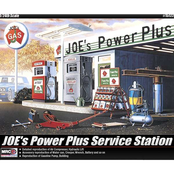 academy 15122 Joe´s Power Plus Service Station Una detallada reproducción de una gasolinera americana. Kit en plástico para montar y pintar. Incluye edificio, surtidores de gasolina, herramientas de taller y accesorios.