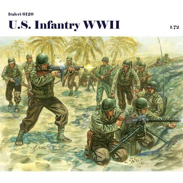 italeri 6120 US Infantry WWII Incluye 48 figuras de infantería americana equipadas con una variedad de armamento como el rifle M1 Garand , el rifle automático B.A.R. , la subaetralladora Thompson y la ametralladora de 7,65mm Browning.