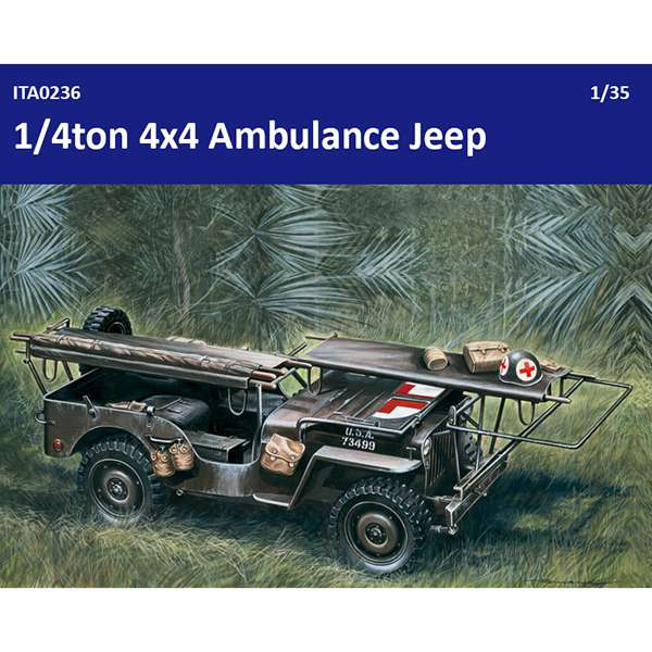 italeri 0326 1/4 ton 4x4 AMBULANCE JEEP El ¼ Ton Jeep es uno de los vehículos más versátiles jamás construidos. Gracias a su sólida construcción y su capacidad para rodar sobre cualquier tipo de terreno, se le asignaron innumerables misiones. Una de ellas fue la de ambulancia.