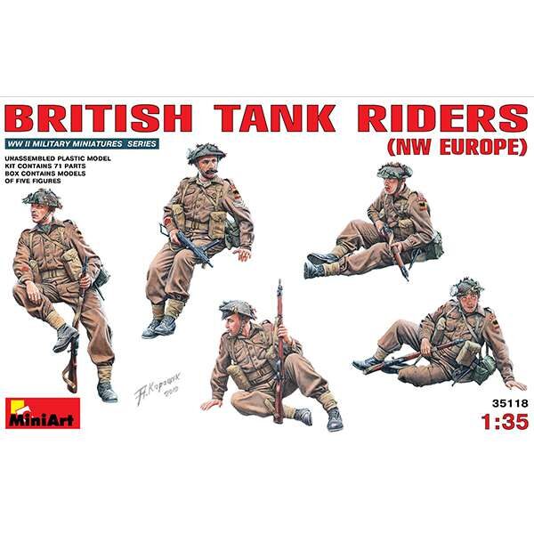 miniart 35118 British Tank Riders NW Europe Kit en plástico para montar y pintar. Incluye 5 figuras de infantería Británica montada sobre tanques en el noroeste de Europa. Piezas 71.
