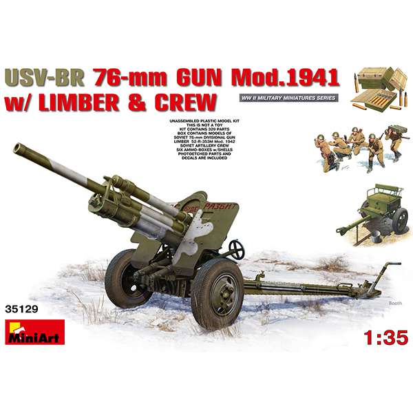 miniart 35129 USV-BR 76mm Gun Mod 1941 Limber & Crew El kit se compone del cañón soviético USV-BR 76mm, el armón, cajas de munición y 5 figuras de artilleros