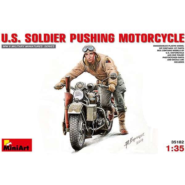miniart 35182 US Soldier Pushing Motorcycle Kit en plástico pata montar y pintar. Incluye piezas en fotograbado. El kit se compone de una moto y un soldado USA.